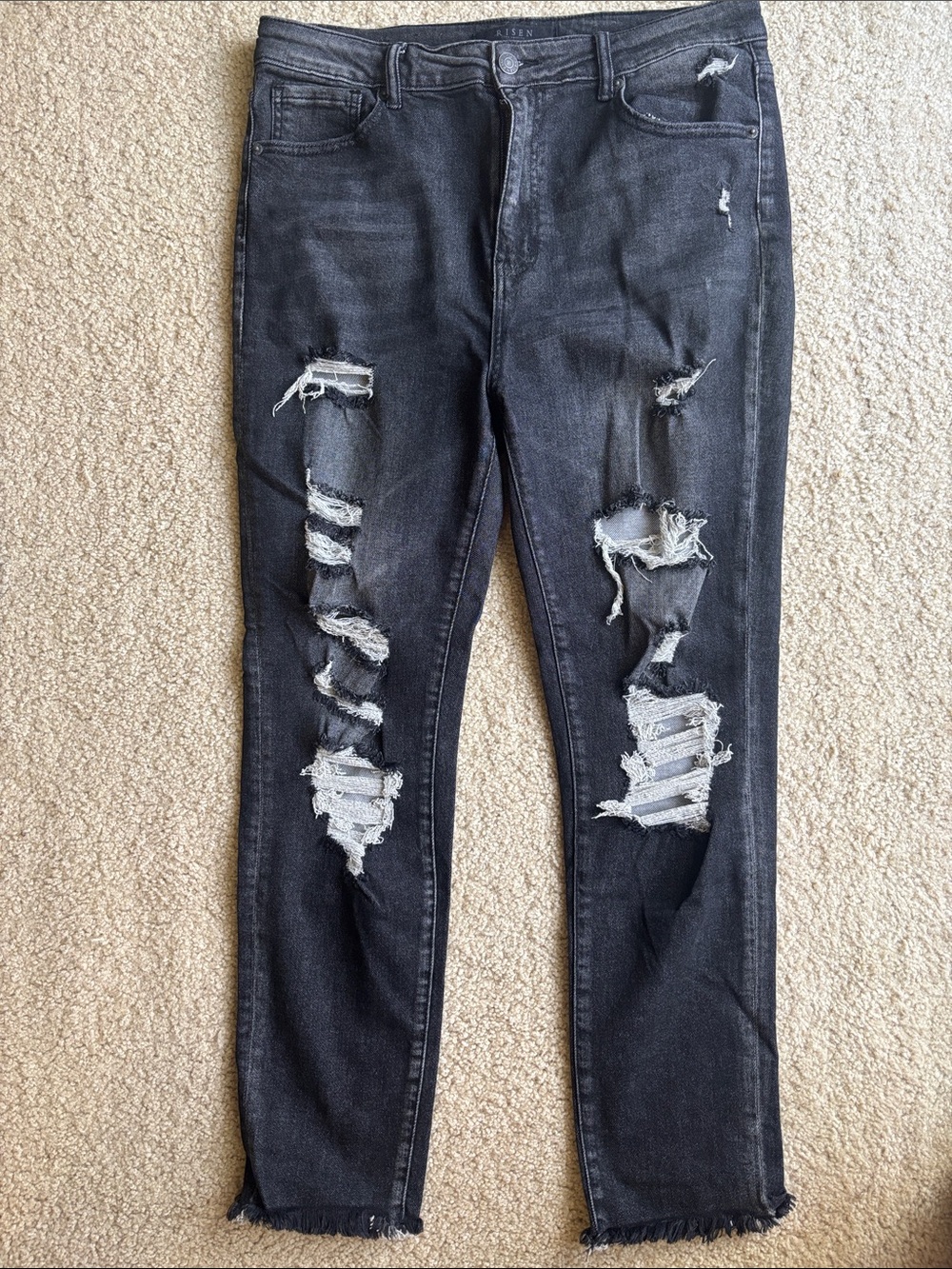 Risen Distressed Black Skinny Jeans for Women — Ripped High-Stretch Fit